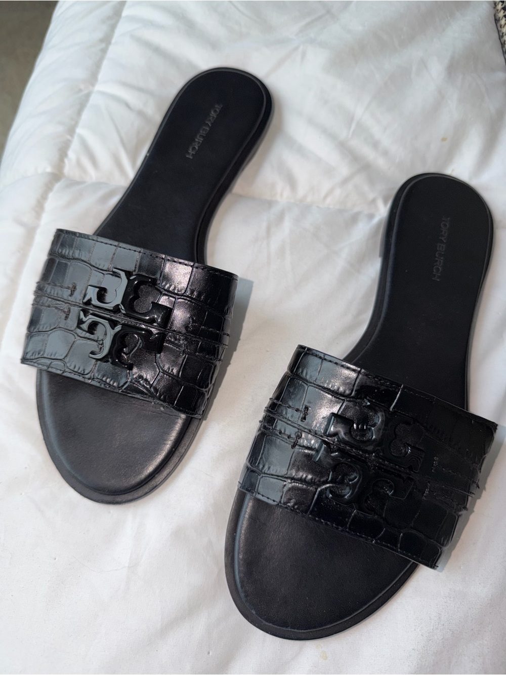 Tory Burch Black Croc-Embossed Slide Sandals with Logo Accent